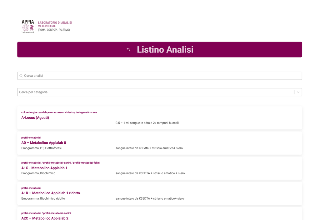 Screenshot della pagina "listino prezzi" del sito appiavet.com