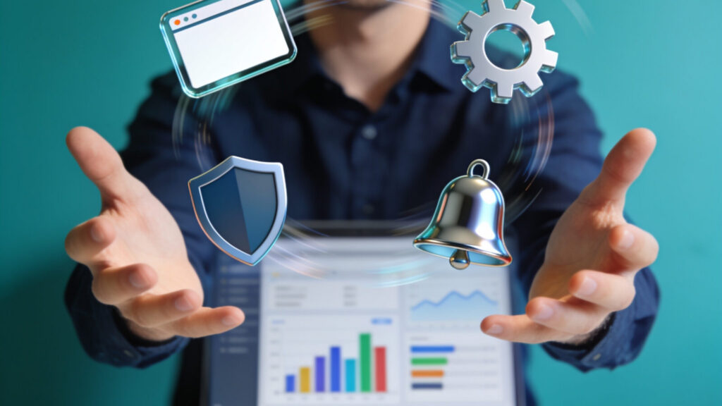 Persona che giocola con icone WordPress (browser, ingranaggio, scudo, campanella) davanti a un laptop, illustrazione del servizio di gestione sito WordPress