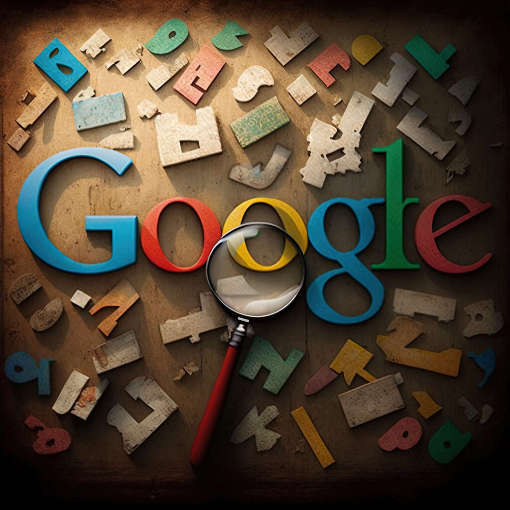 Illustrazione con la scritta Google e una lente di ingrandimento poggiata sulla seconda 0, intorno varie lettere come se fosse un puzzle.