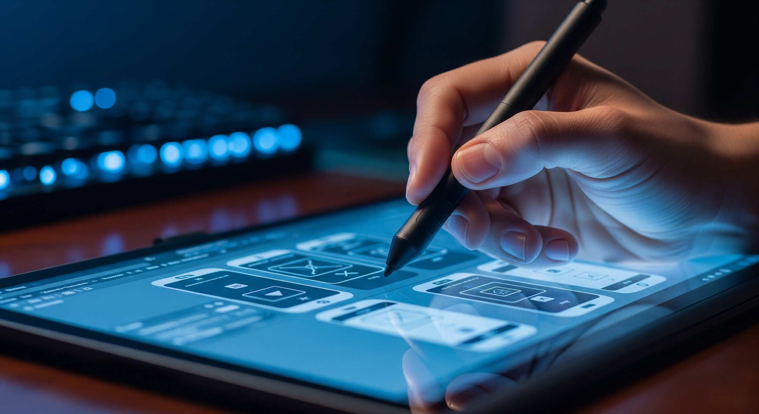 Mano che utilizza una penna digitale su un tablet per progettare interfacce utente per siti web.