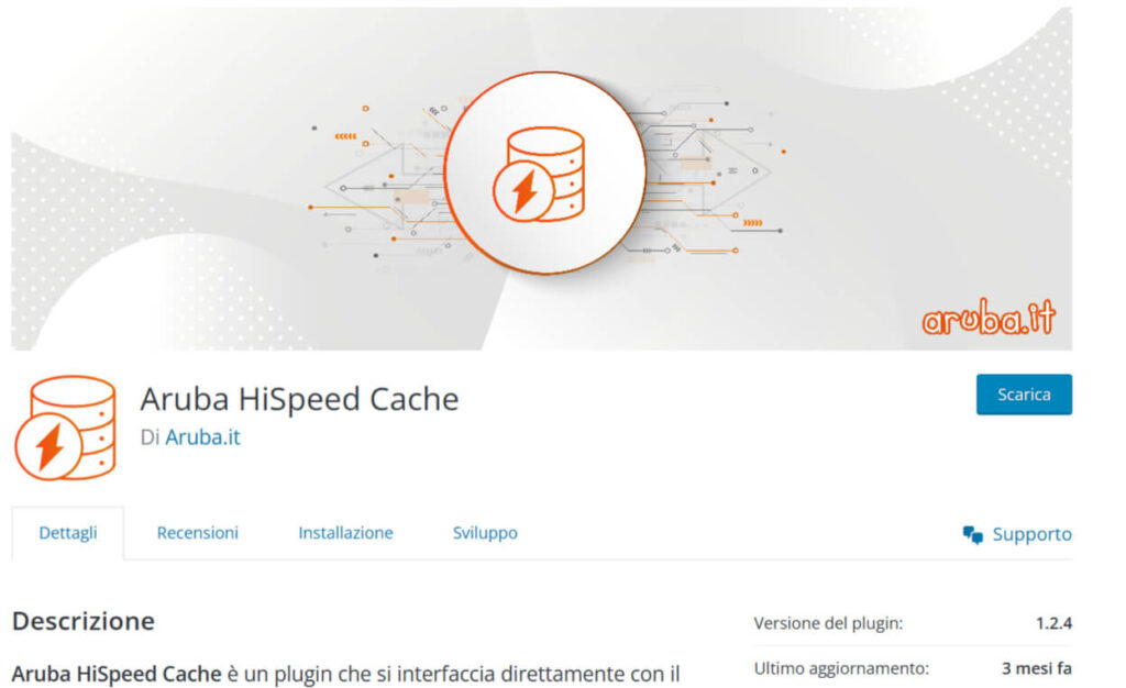 Schermata della pagina del plugin Aruba HiSpeed Cache nel repository di wordpress.