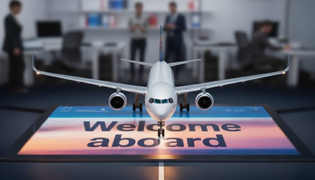Aereo che decolla da tablet con scritta Welcome aboard, simbolo di una landing page efficace per conversioni digitali e marketing online.