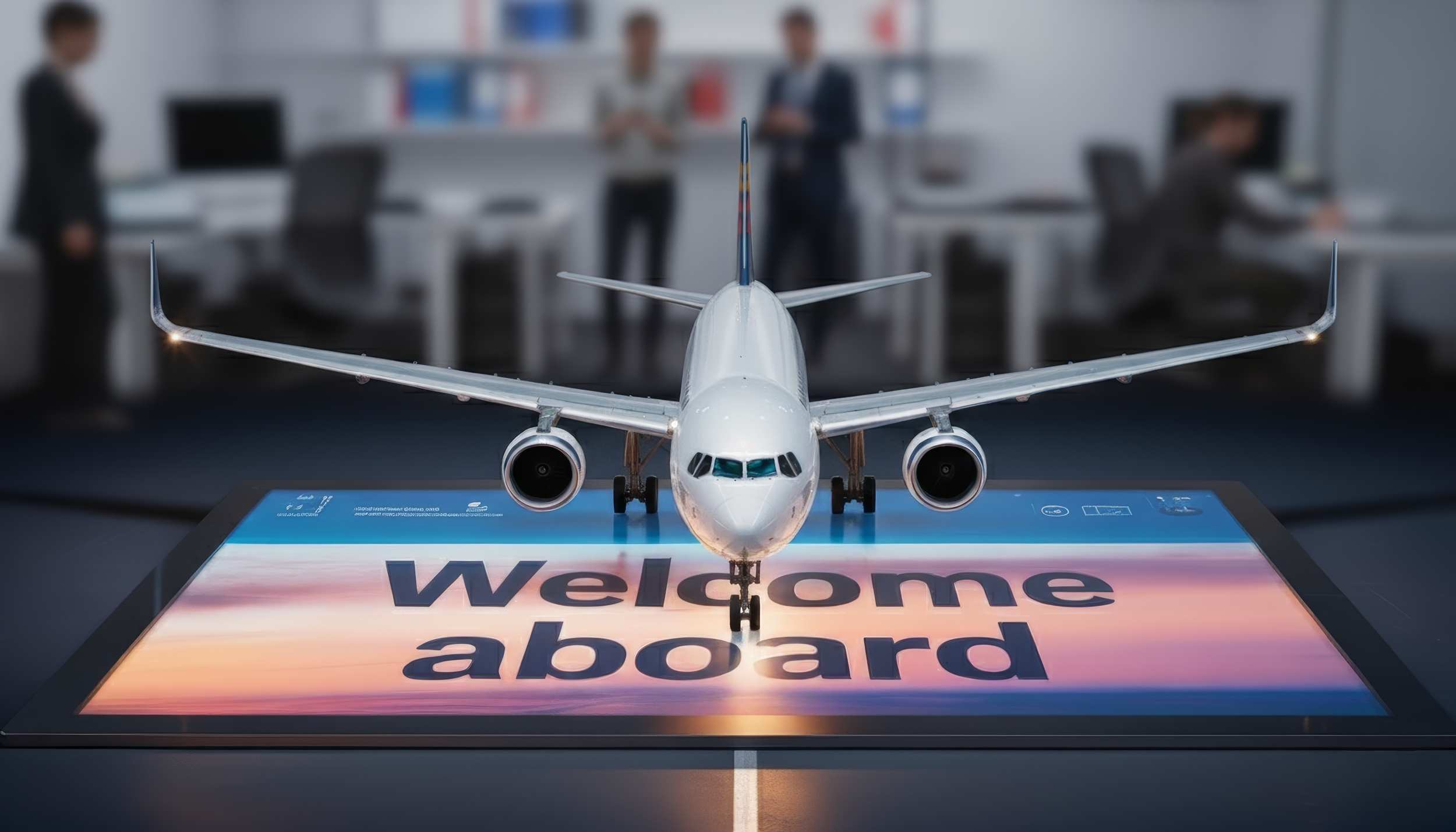 Aereo che decolla da tablet con scritta Welcome aboard, simbolo di una landing page efficace per conversioni digitali e marketing online.