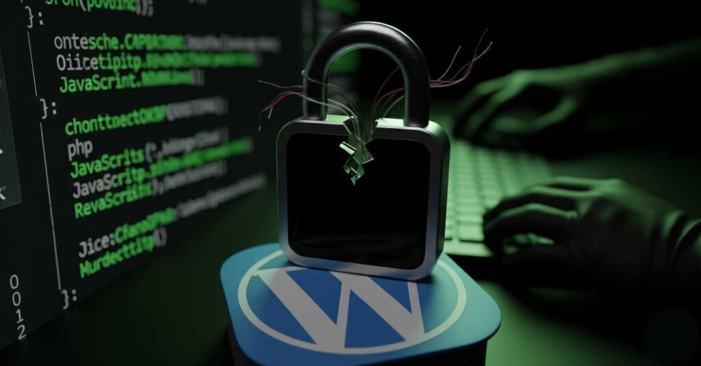 Lucchetto rotto su logo WordPress davanti a codice e hacker, simbolo di vulnerabilità e rischi di sicurezza nei plugin nulled.