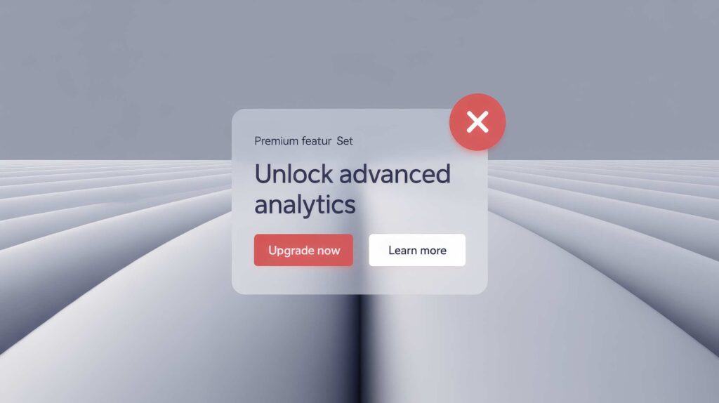 Esempio di popup con pulsanti per aggiornamento e maggiori informazioni, su sfondo astratto grigio, rappresentazione di pubblicità online e interfacce utente digitali.