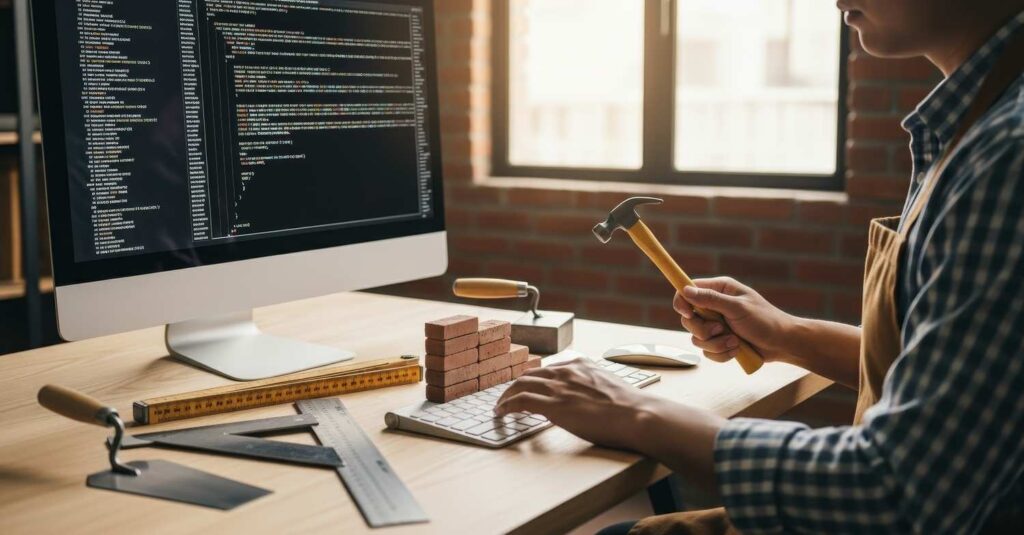 Sviluppatore al computer con codice e strumenti da muratore, rappresentazione creativa della costruzione di una landing page.