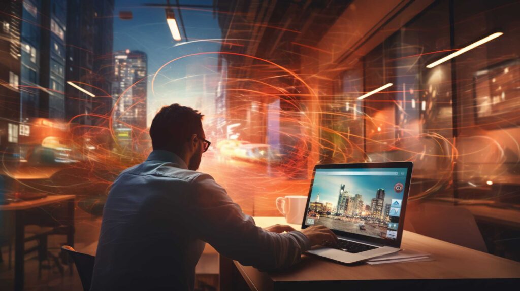 Un uomo è seduto alla scrivania mentre digita intento su un computer portatile. Sullo sfondo le luci di una città frenetica che non sembrano intaccare la concentrazione dell'uomo.