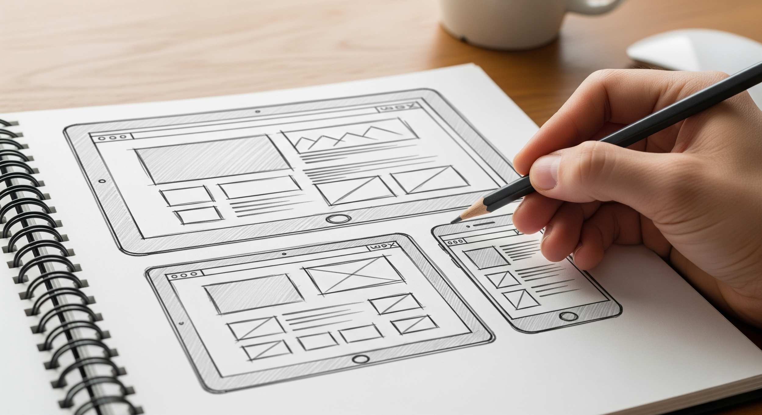 Disegno a mano di layout responsive per dispositivi mobili e tablet su un taccuino, evidenziando l'importanza del design efficace per il successo online.