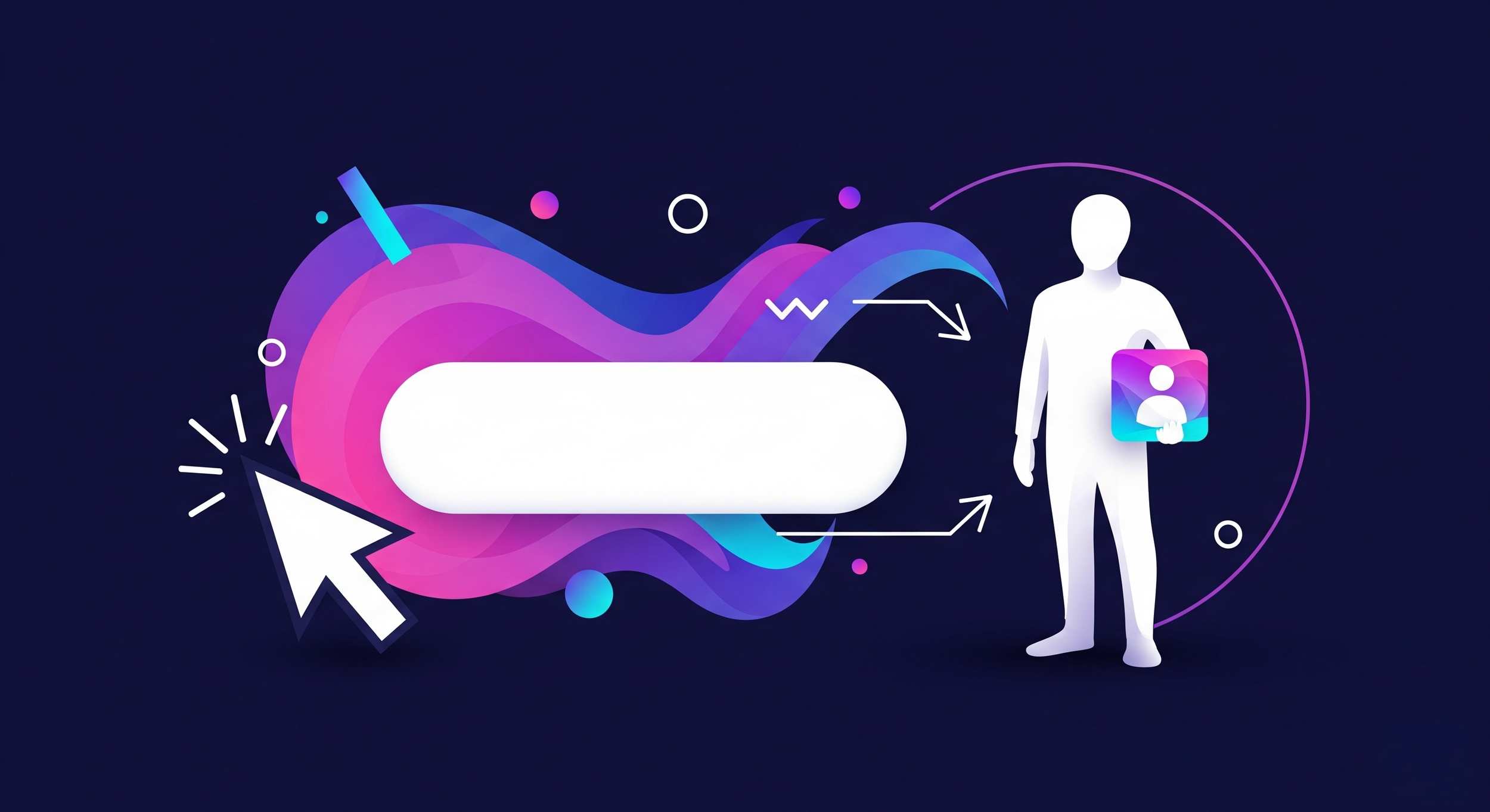Illustrazione astratta con pulsante call to action, cursore e figura stilizzata che tiene un'icona colorata su sfondo blu scuro con forme dinamiche viola e azzurre.