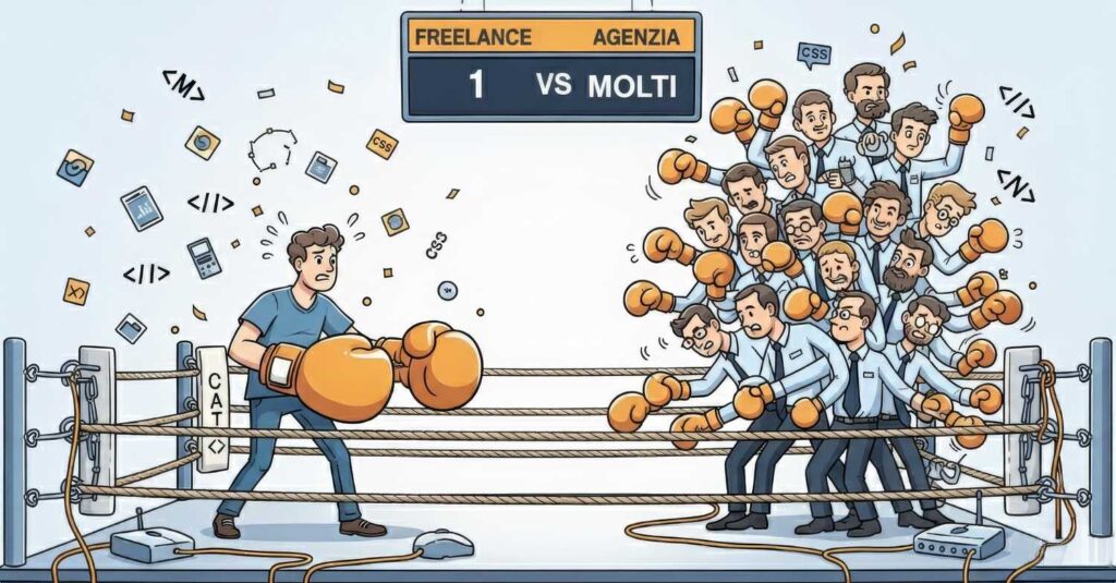 Illustrazione confronto freelance contro agenzia: un singolo professionista affronta un gruppo numeroso in un ring da boxe, simbolo della sfida nel lavoro digitale.