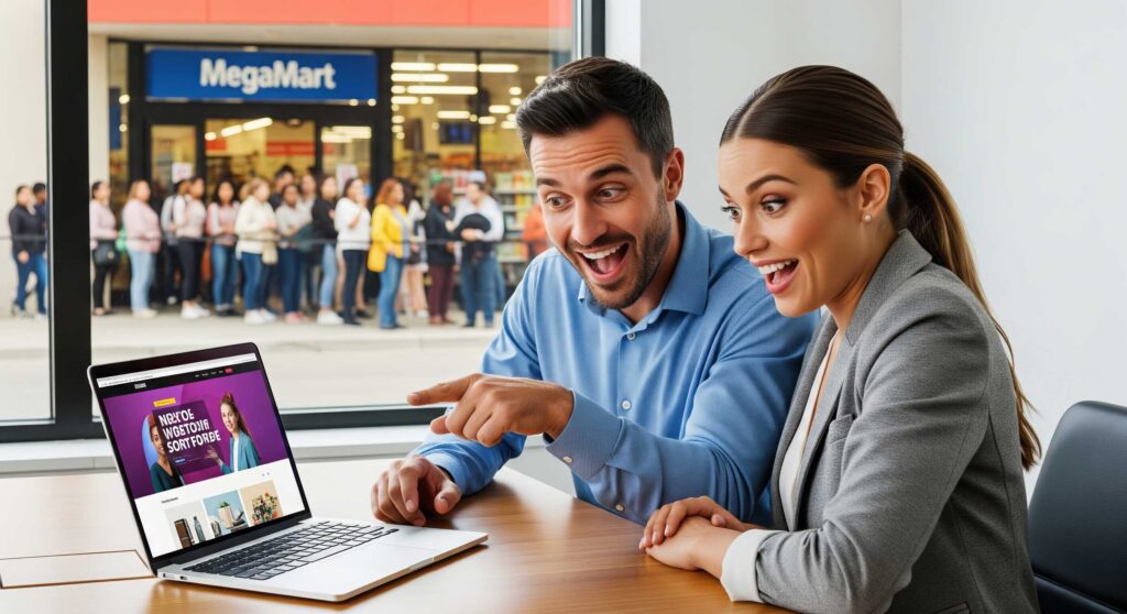 Due persone entusiaste guardano un sito web su laptop davanti a un negozio affollato, rappresentando i vantaggi di avere una presenza online per il business.