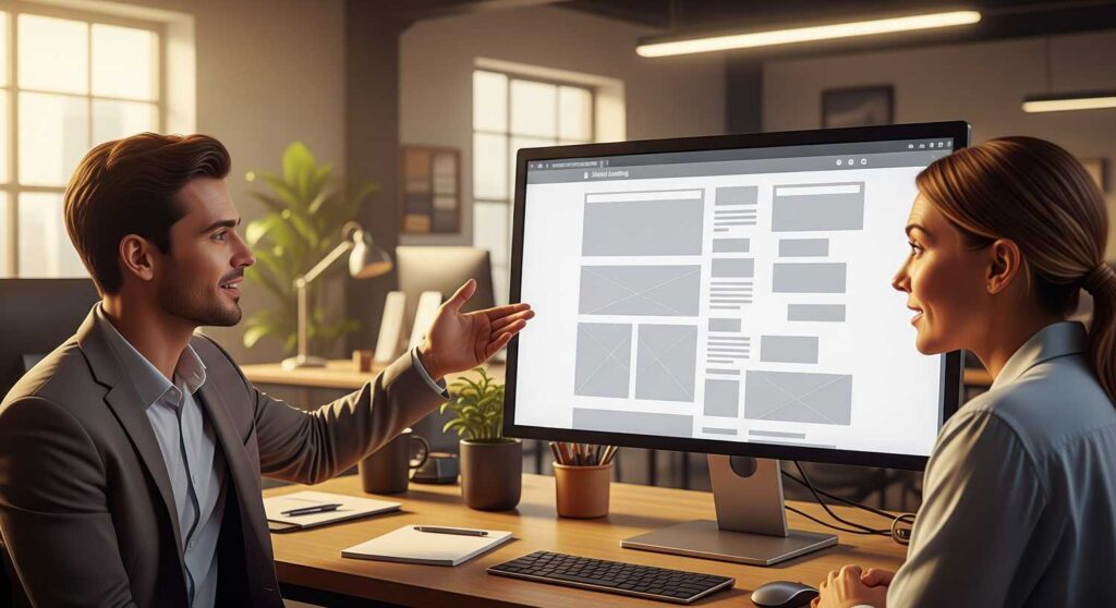 Professionista e cliente in ufficio discutono la progettazione di un sito web mostrato su monitor, collaborazione per sviluppo digitale e strategie online.