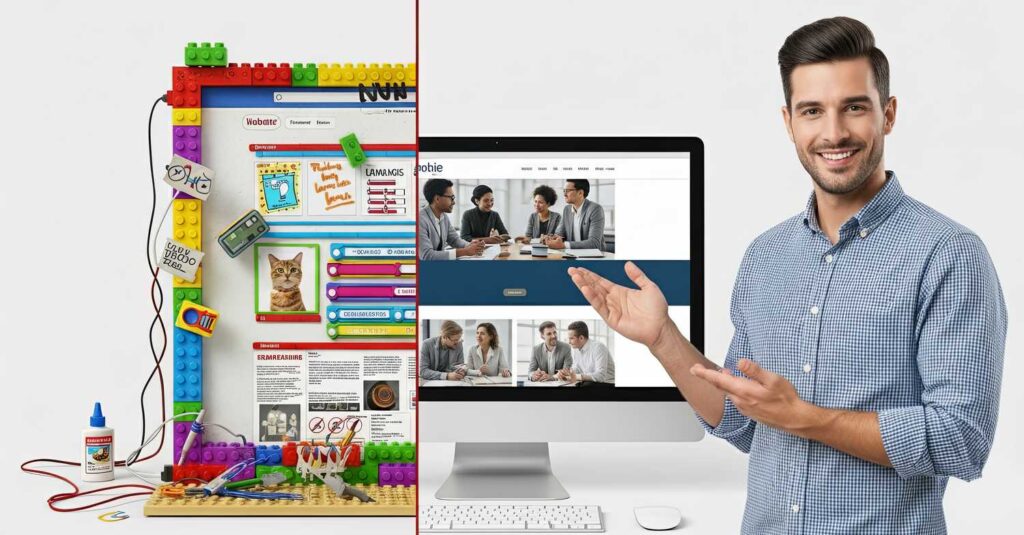 Confronto tra sito web fai da te caotico e sito professionale curato, rappresentato da un uomo sorridente davanti al computer.