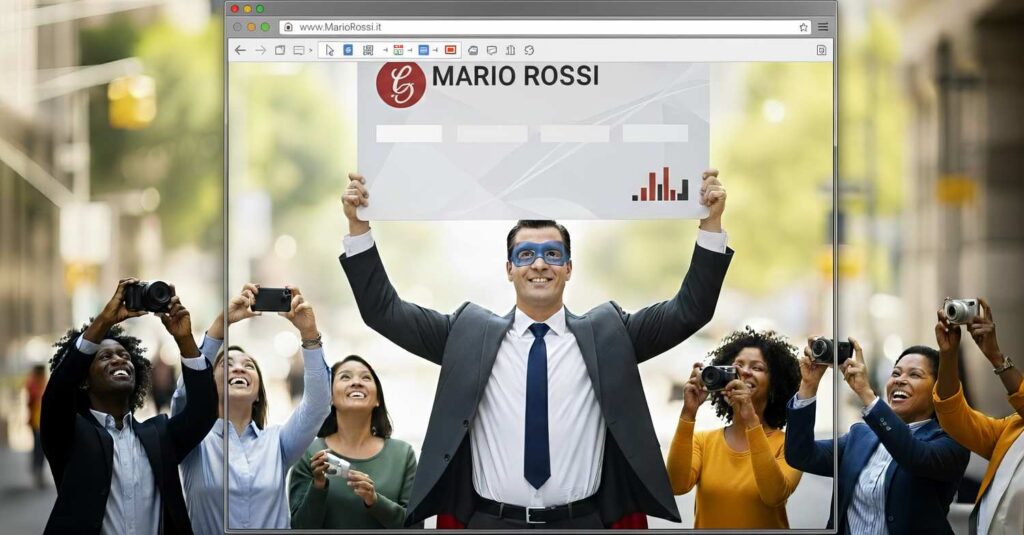 Immagine simbolica di un professionista mascherato da supereroe che mostra un sito web, evidenziando come il sito internet aumenti credibilità e autorevolezza personale o aziendale.