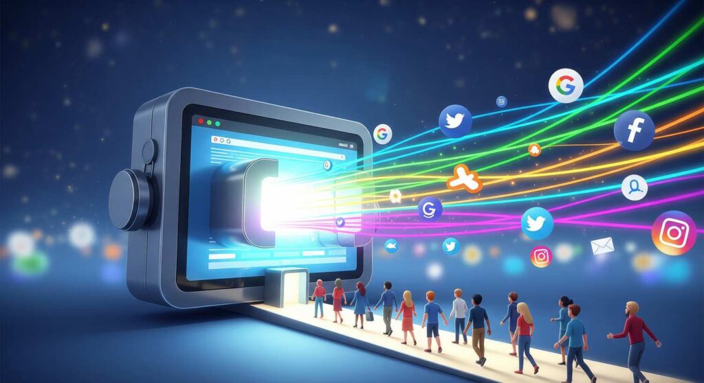 Illustrazione di un sito web come magnete che attrae persone e loghi social, simbolo di marketing digitale e acquisizione clienti online.