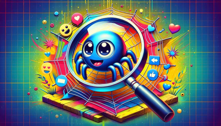 Un'illustrazione che mostra una lente d'ingrandimento in stile cartone animato incentrata su un ragno digitale carino e stilizzato su una semplice rete. Il ragno ha un aspetto amichevole, con grandi occhi e un sorriso. La rete del ragno include alcuni elementi giocosi al posto degli errori, come faccine emoji e cuori, aggiungendo un tocco stravagante al concetto di navigazione sul web. Lo sfondo è luminoso e colorato, creando una scena allegra e coinvolgente.