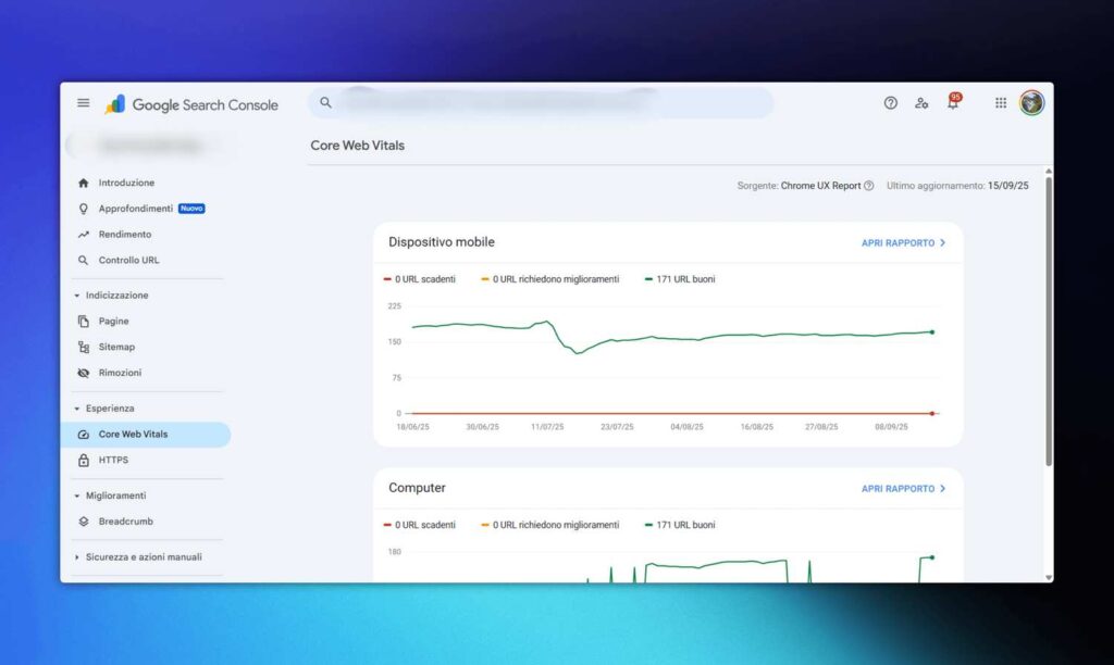 Schermata Google Search Console con report Core Web Vitals per dispositivi mobili e desktop, mostra andamento URL buoni e metriche di esperienza utente.