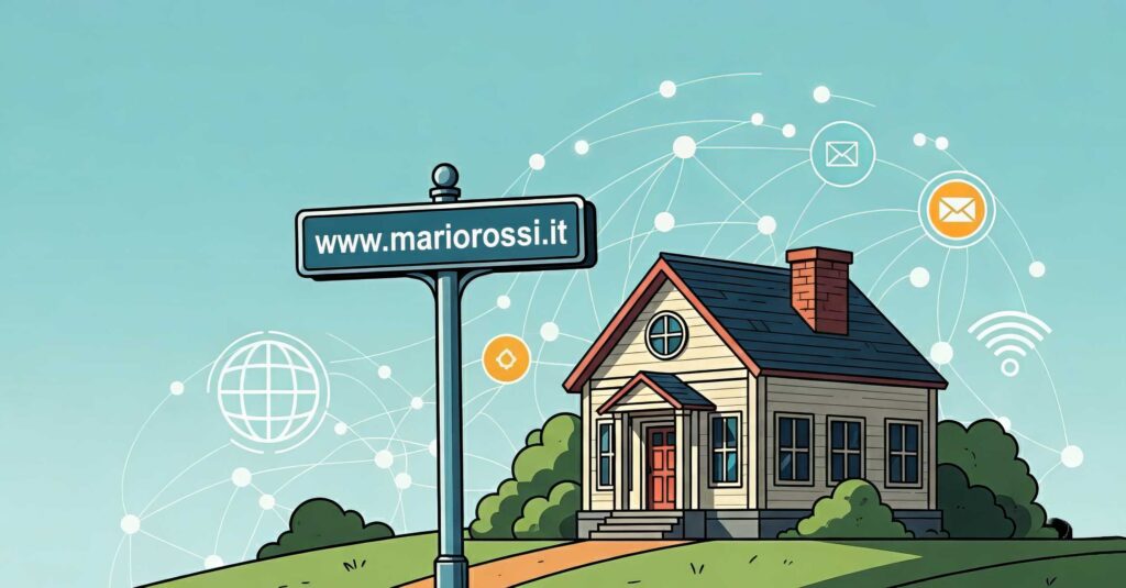Illustrazione che spiega la differenza tra dominio e hosting con cartello www.mariorossi.it davanti a una casa, simboli internet ed email sullo sfondo.