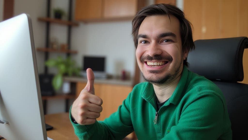 Persona sorridente con camicia verde seduta a una scrivania, pollice in su, ambiente lavorativo.