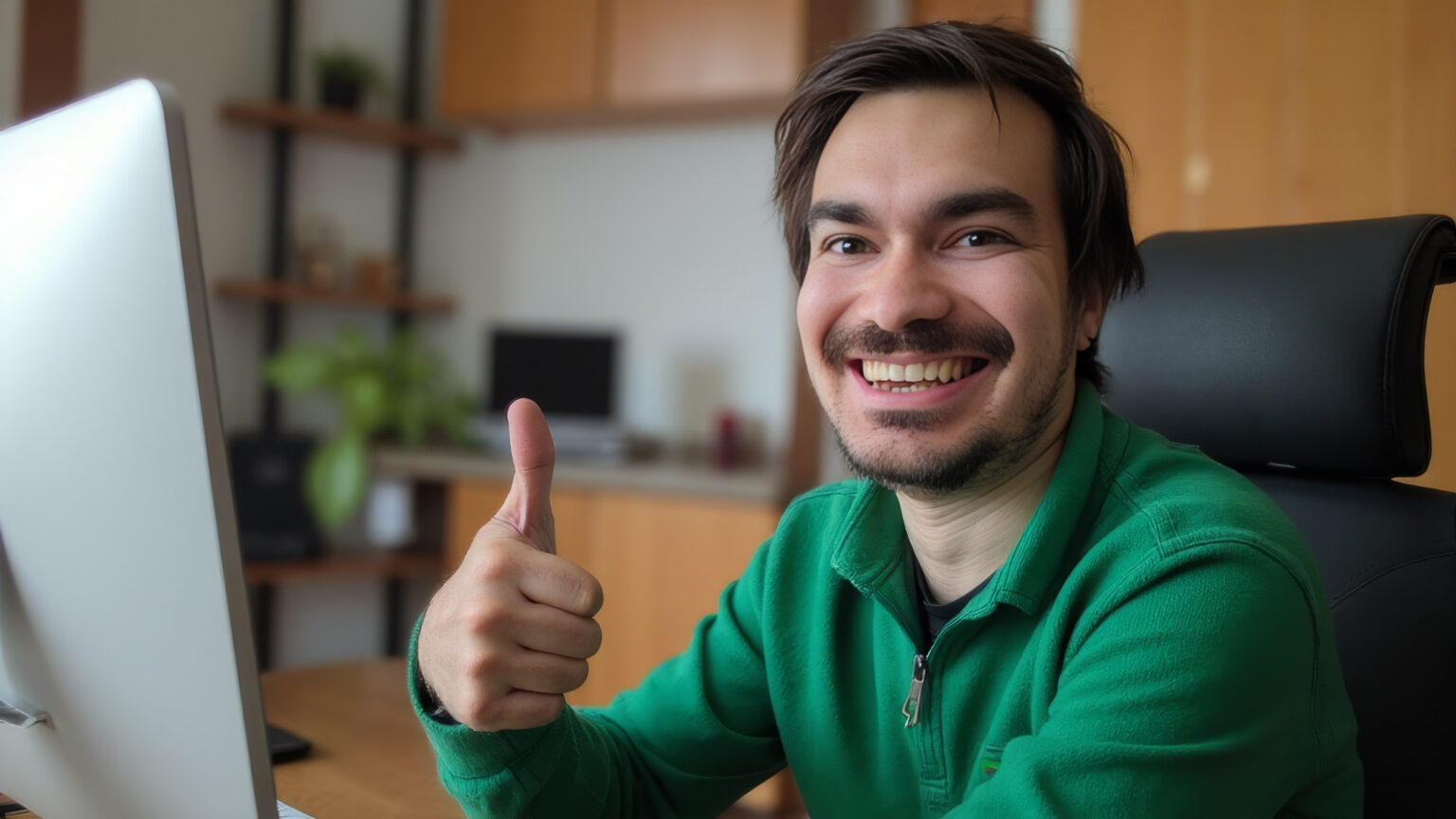 Persona sorridente con camicia verde seduta a una scrivania, pollice in su, ambiente lavorativo.