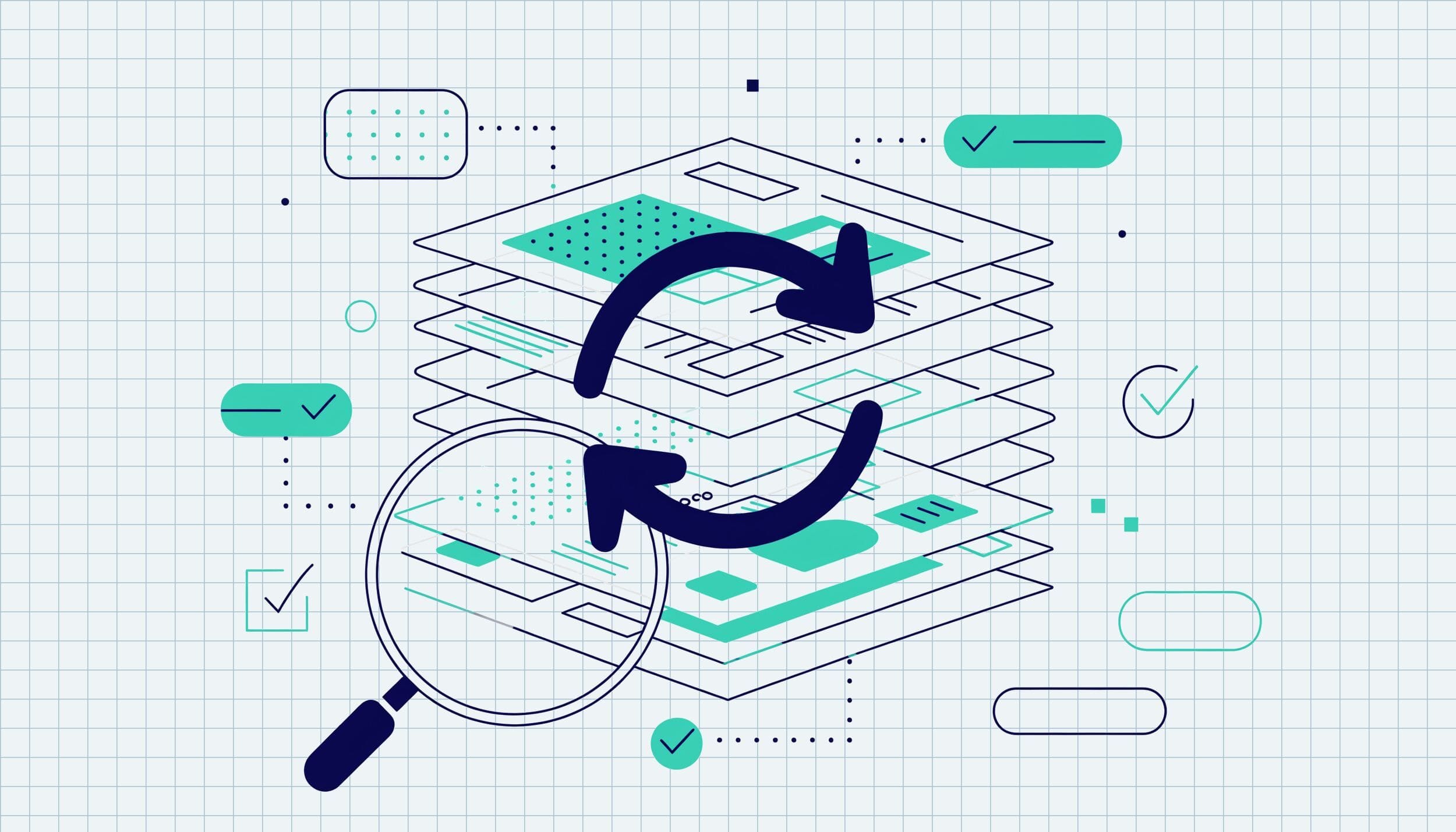 Illustrazione flat di pagine web sovrapposte con frecce di sincronizzazione e lente d'ingrandimento, a simboleggiare il problema della cache che non si aggiorna