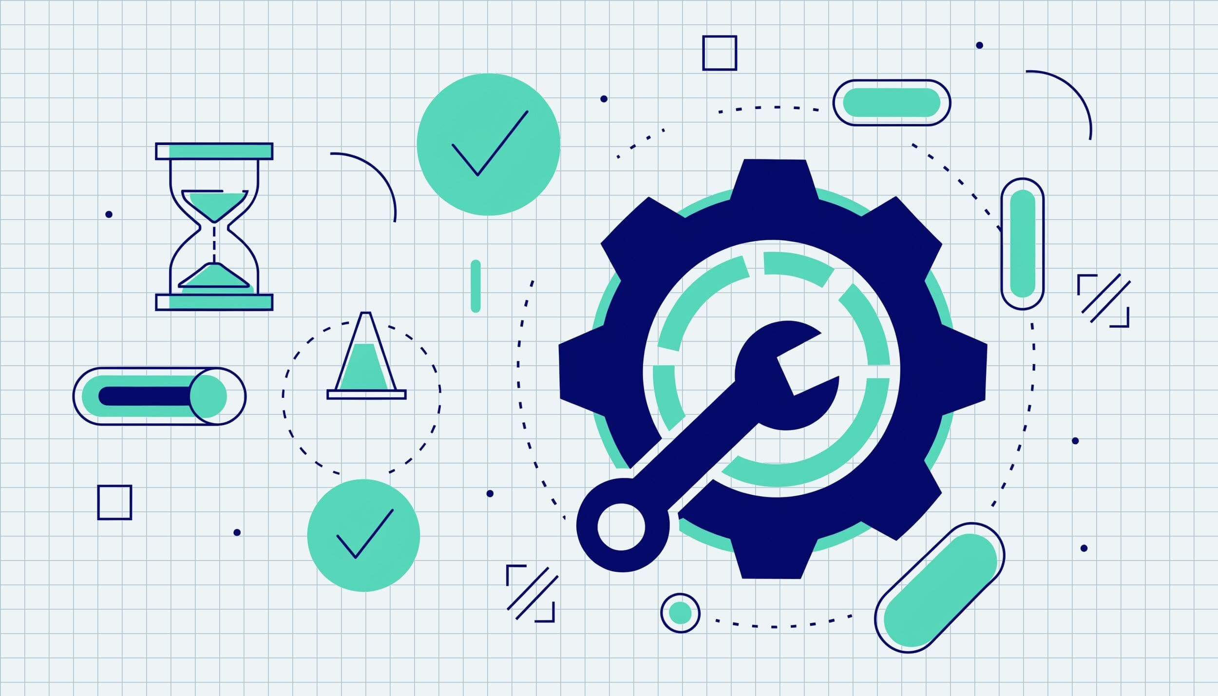 Illustrazione flat di un ingranaggio con chiave inglese, clessidra e cono da cantiere, a simboleggiare la modalita' manutenzione di WordPress