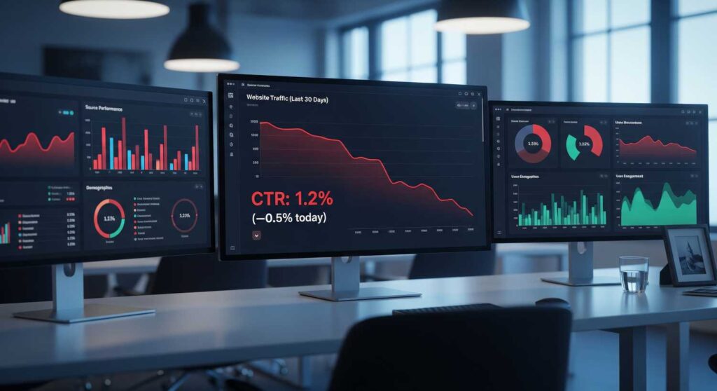 Dashboard digitale con grafici e metriche di traffico web e CTR in calo, mostrata su più schermi in un ufficio moderno.