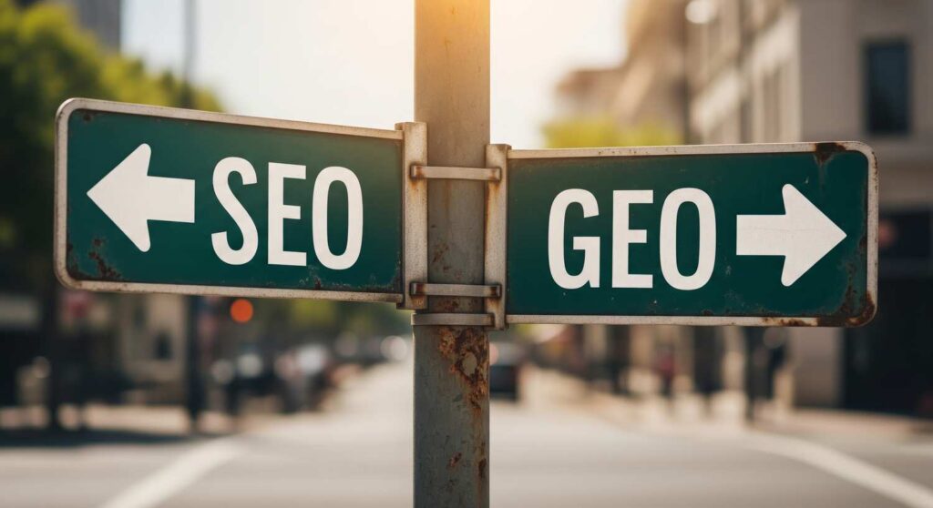 Cartello stradale con frecce opposte indica SEO a sinistra e GEO a destra, simbolo di scelta tra ottimizzazione online e localizzazione geografica.