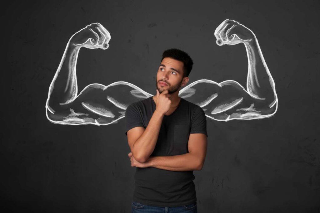 Uomo pensieroso davanti a un disegno su lavagna con muscoli giganti, simbolo di forza, motivazione personale e crescita interiore.