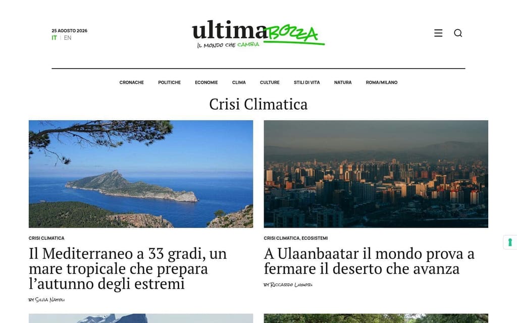 Schermata della pagina archivio Crisi Climatica su Ultimabozza.it