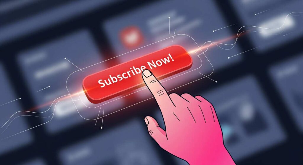 Un dito che preme un pulsante rosso con la scritta 'Iscriviti ora!' su uno sfondo scuro di interfaccia digitale.