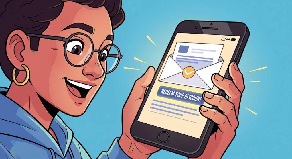 Una persona sorride guardando un telefono cellulare che mostra un'email con un'offerta di sconto.