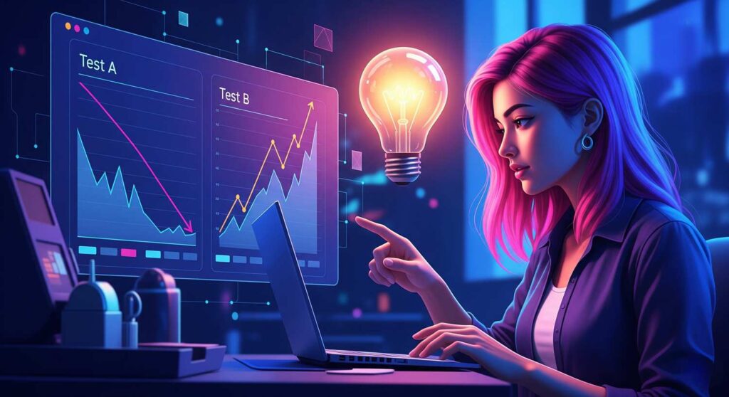 Donna con capelli rosa che analizza dati di test A e B su laptop, illustrando strategie di marketing e ottimizzazione.