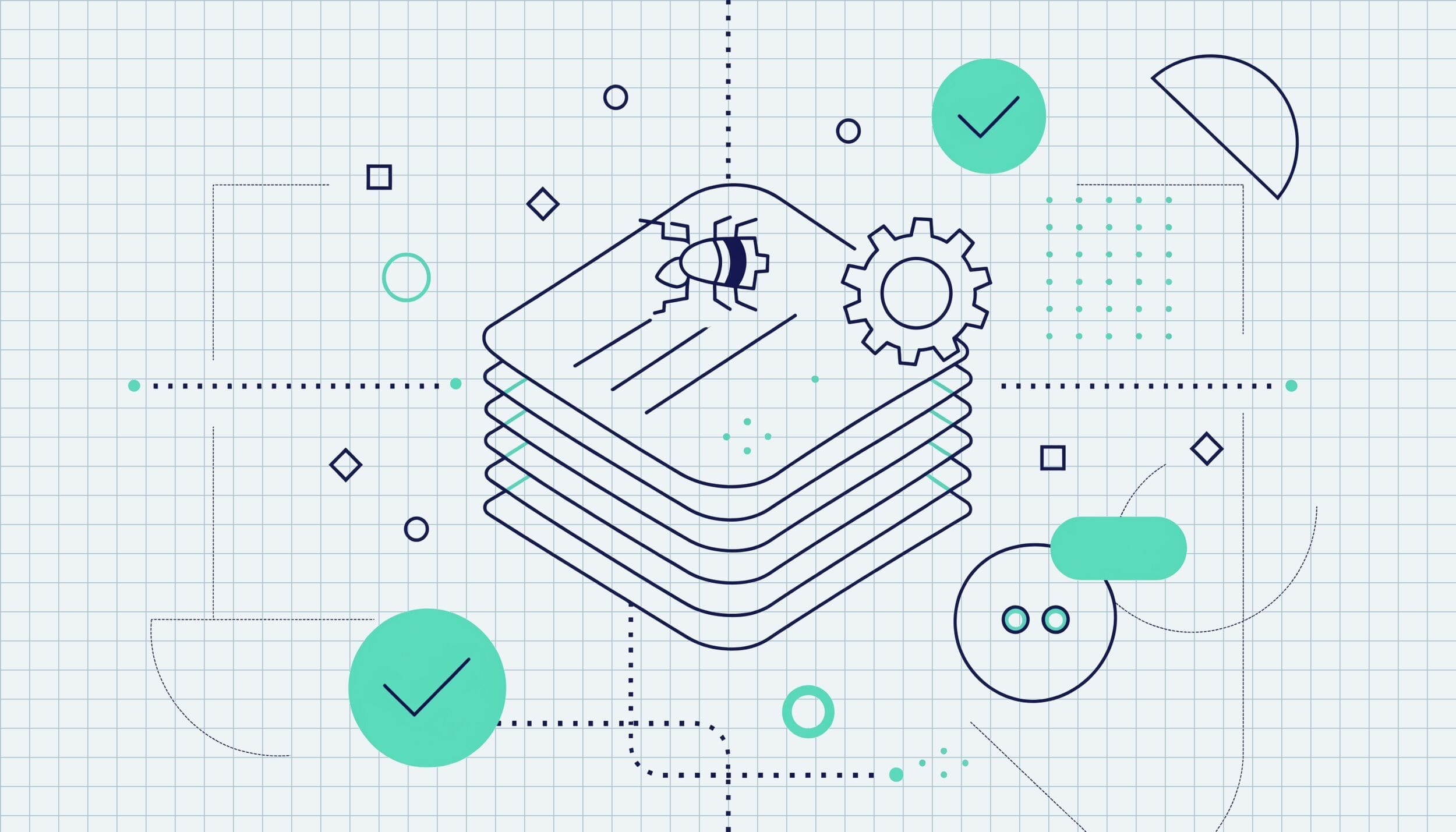 Illustrazione flat di un bug che genera contenuti duplicati in una griglia Elementor, con ingranaggio di correzione accanto