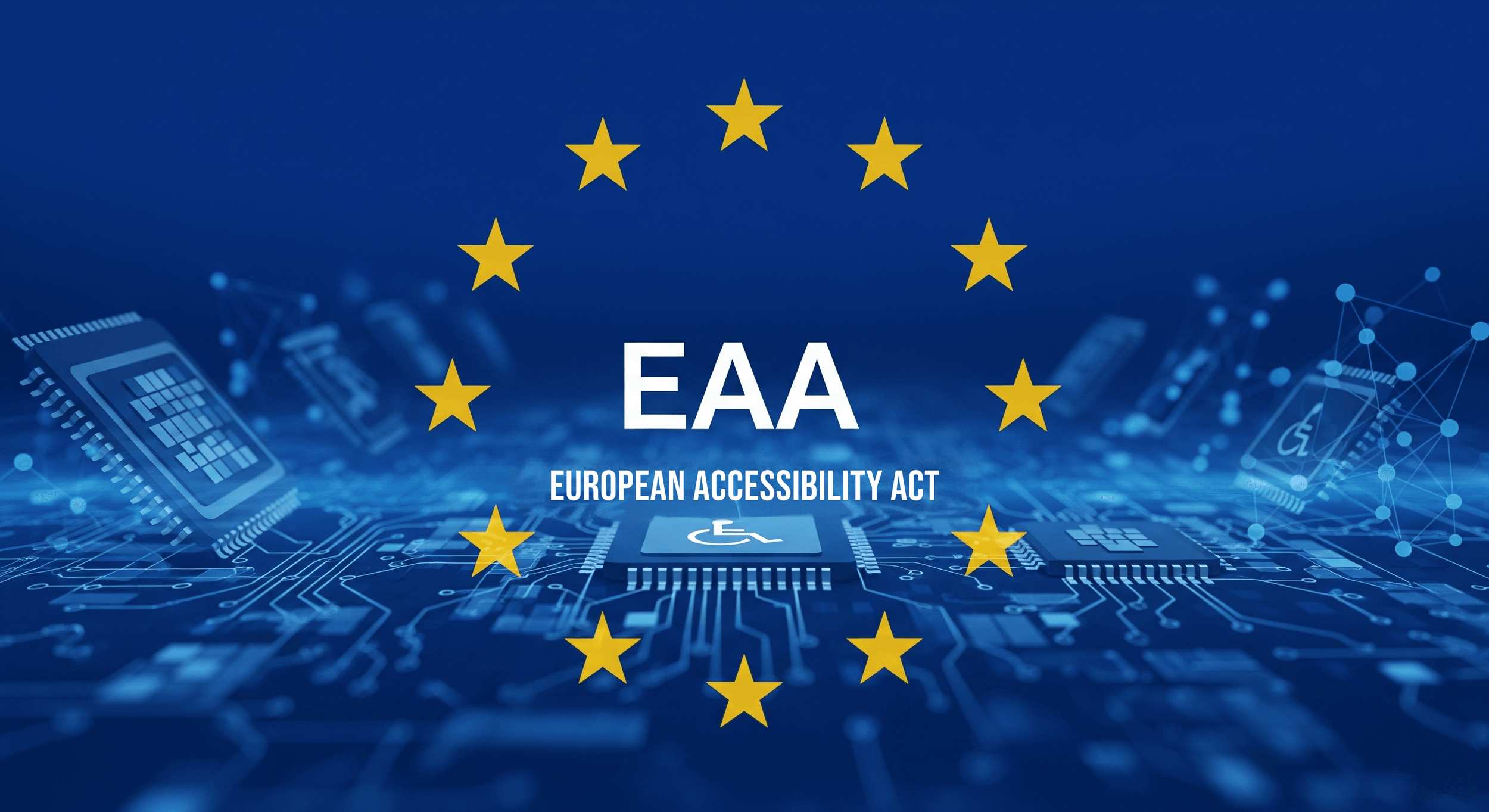 Logo dell'European Accessibility Act (EAA) su sfondo blu, con circuiti elettronici e stelle gialle che rappresentano l'Unione Europea.
