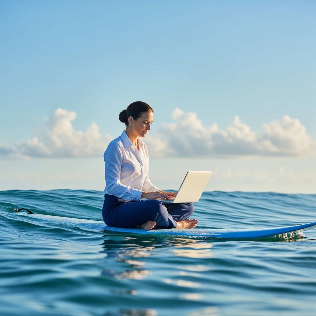 Una donna in abiti formali utilizza un laptop mentre è seduta su una tavola da surf in acqua, con un cielo sereno sullo sfondo.