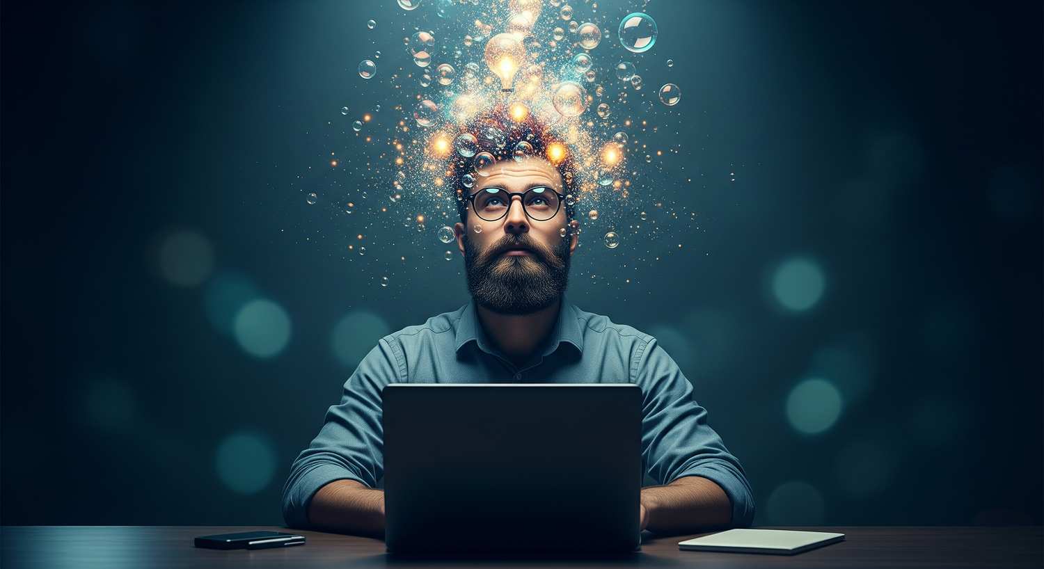 Web designer ispirato con idee innovative che emergono come bolle luminose sopra la testa mentre lavora al computer in un ambiente creativo.