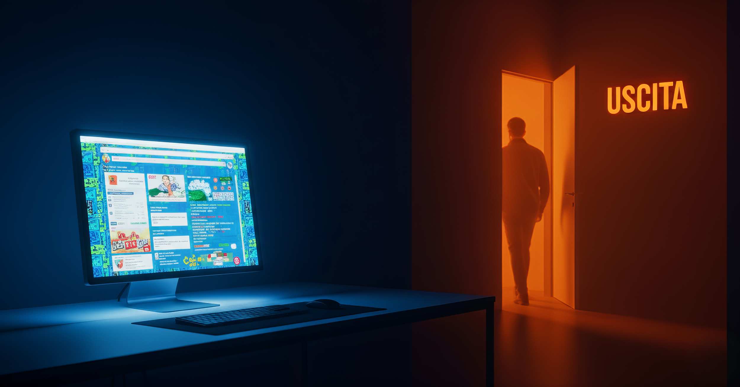 Persona lascia una stanza con scritto uscita, mentre un computer acceso mostra un sito web, simbolo di abbandono online o bounce rate.