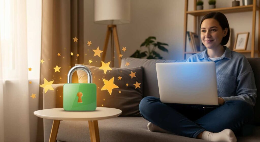 Donna sorridente con laptop a casa, simbolo di fiducia e sicurezza online rappresentato da un lucchetto verde con stelle luminose.