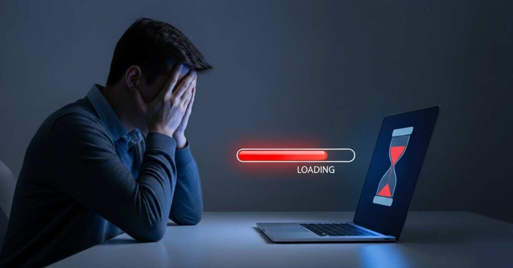 Utente frustrato davanti a computer lento con schermata di caricamento, simbolo della lentezza dei siti web che causa abbandono e perdita di visitatori.