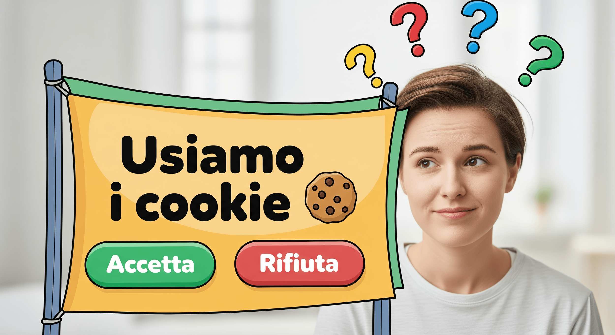 Donna dubbiosa accanto a banner colorato che chiede accettazione o rifiuto dei cookie su sito WordPress.
