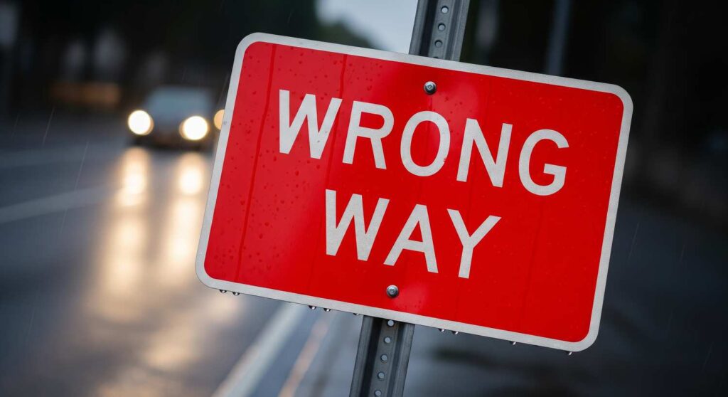 Cartello stradale rosso con scritta Wrong Way, simbolo degli errori da evitare nell’uso dei popup sul web.