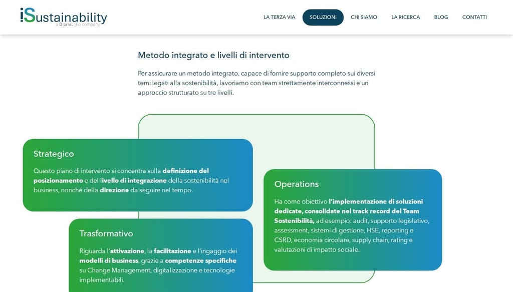 Screenshot della pagina soluzioni del sito iSustainability.it