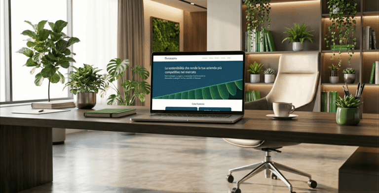 Un laptop aperto su una scrivania in legno all'interno di un ufficio moderno e luminoso. Lo schermo mostra il mockup del sito web "iSustainability" con il titolo in italiano "La sostenibilità che rende la tua azienda più competitiva nel mercato". L'ambiente è arredato con numerose piante verdi, una sedia da ufficio elegante e scaffali retroilluminati.