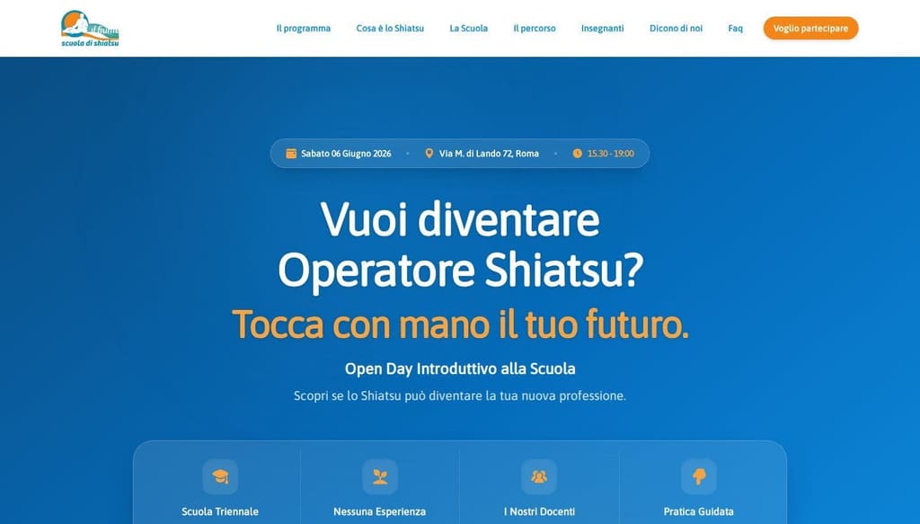 Screenshot della sezione hero del sito Open Day Shiatsu Il Fiume