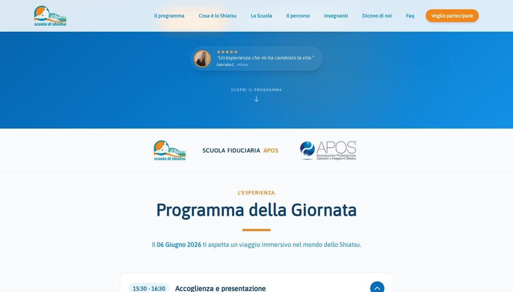 Screenshot di una sezione interna del sito Open Day Shiatsu Il Fiume