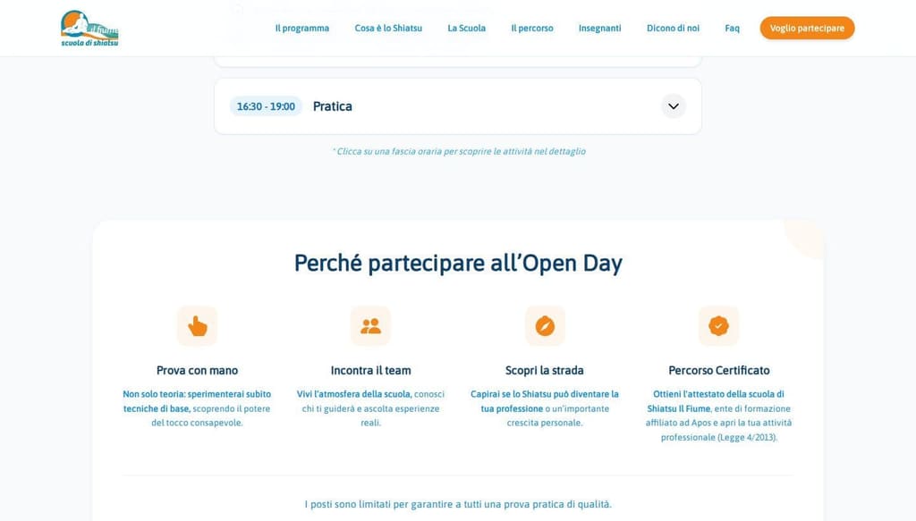 Screenshot del programma eventi del sito Open Day Shiatsu Il Fiume