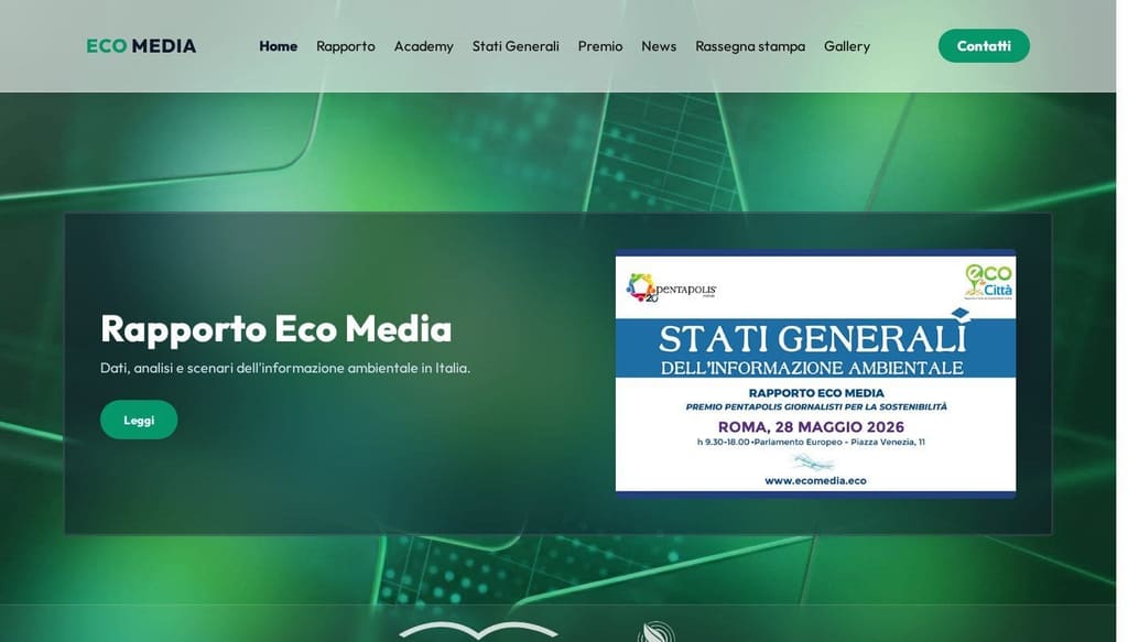 Screenshot della sezione hero del sito ecomedia.eco con il titolo "Rapporto Eco Media"