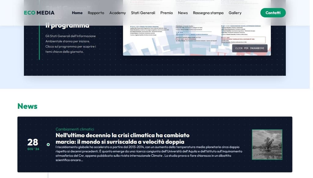 Screenshot della pagina interna "Stati Generali dell'informazione ambientale" del sito ecomedia.eco, con elenco di card