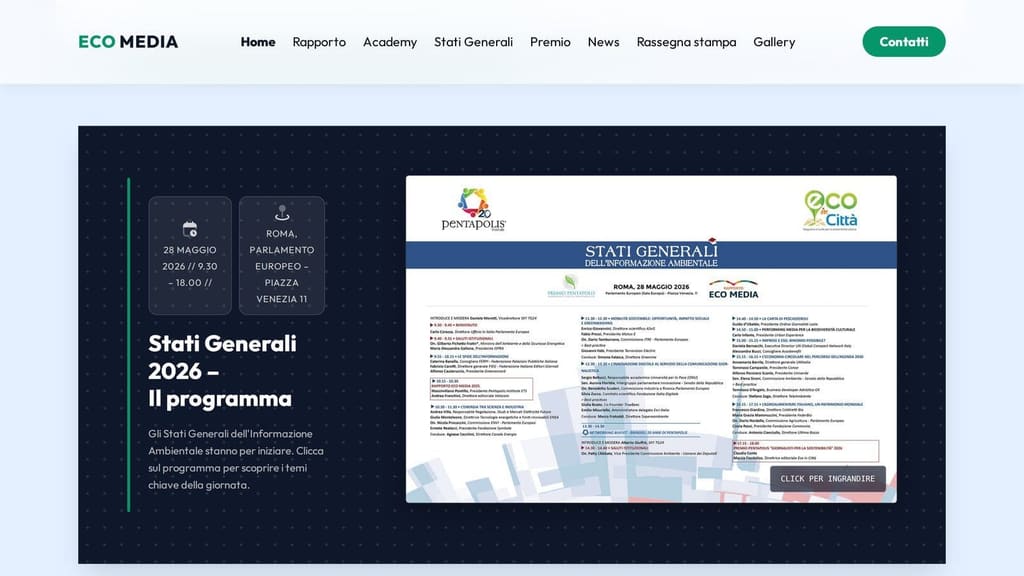 Screenshot annotato della homepage di ecomedia.eco con indicatori numerati sugli elementi del design system